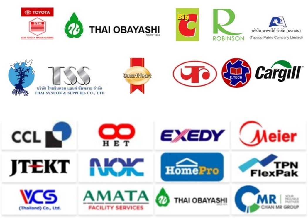 โลโก้ลูกค้า: Siam Toyota Manufacturing, Thai Obayashi, Big C, Robinson, Tapaco, Thai Syncon, SmartHeart, E.Tech, Cargill, CCL, HET, EXEDY, Meier, JTEKT, NOK, HomePro, TPN FlexPak, VCS, AMATA Facility Services, Chan MR Group